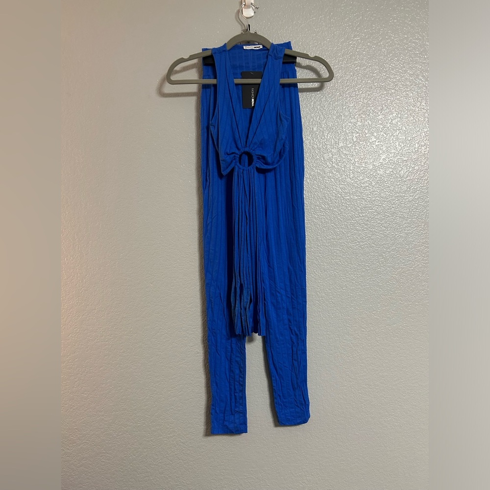 blue stretch soft shirt crop top high waisted leggings pants set size small